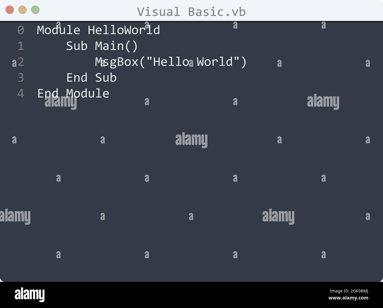 Visual Basic language Hello World Programmbeispiel im Editor-Fenster Illustration Stock Vektor