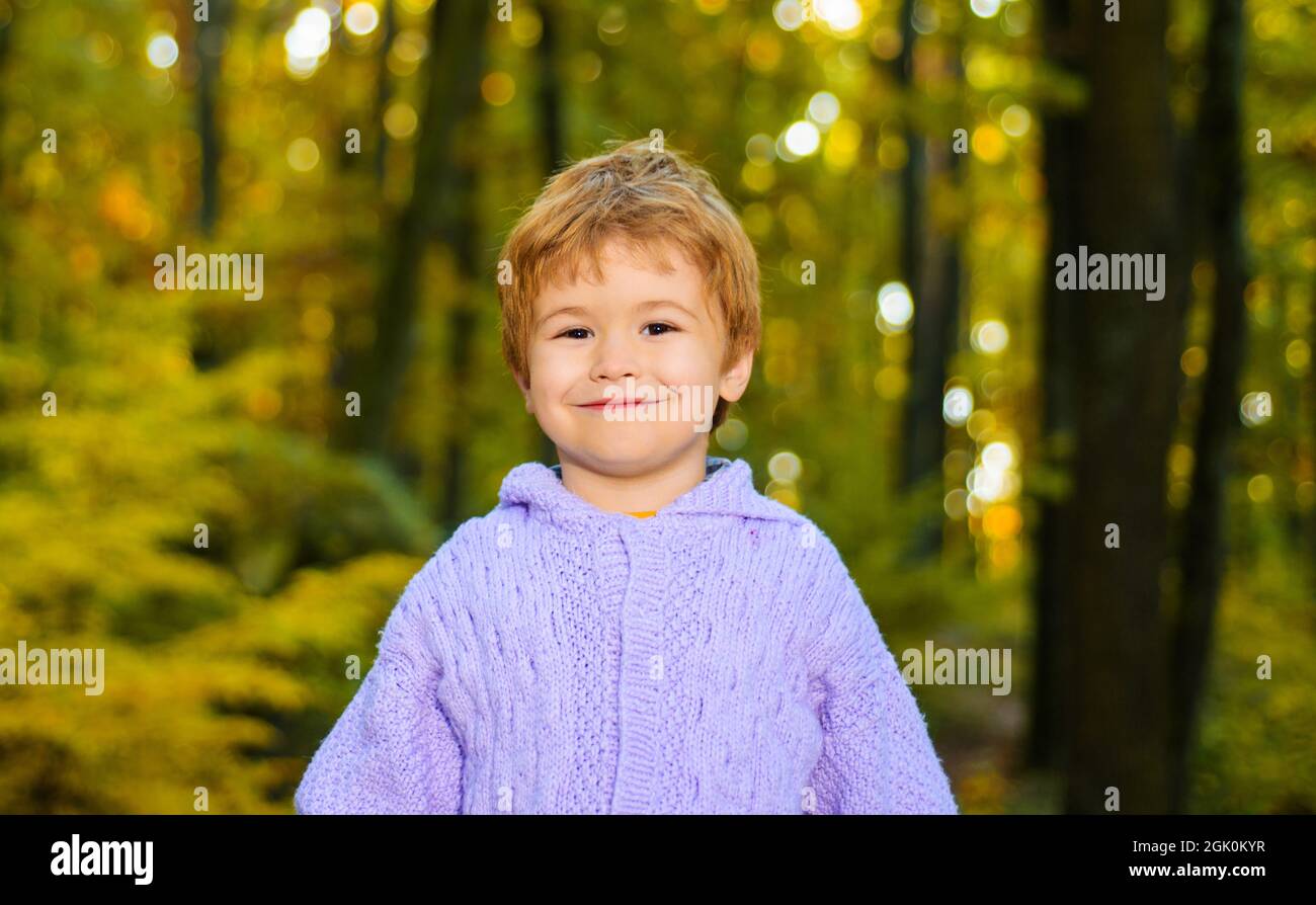 Kleiner Junge im Herbstpark. Herbstliche Stimmung. Lächelndes Kind, das im Herbstwald spazierengeht. Niedliches Kind im warmen Pullover. Stockfoto