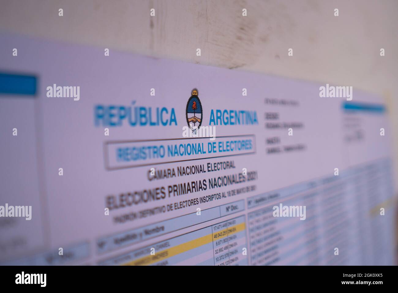 Firmat, Argentinien. September 2021. Eine Wählerliste, die während der Midterm Primary Election in Firmat in einem Wahllokal gesehen wurde.die Midterm-Parlamentswahlen werden am 14. November 2021 stattfinden. (Foto von Patricio Murphy/SOPA Images/Sipa USA) Quelle: SIPA USA/Alamy Live News Stockfoto