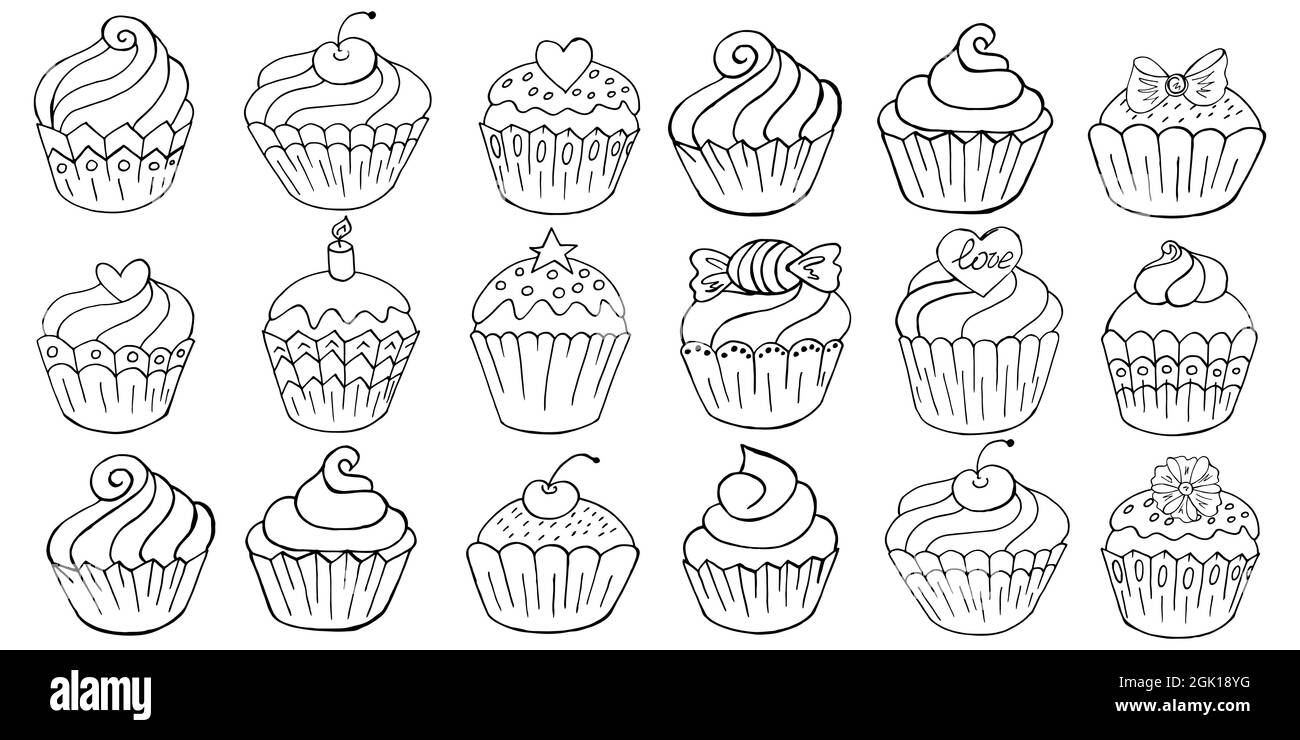 Große Reihe von Ikonen von Cupcakes, Muffins in Hand zeichnen Stil. Sammlung von Vektorgrafiken für Ihr Design. Süßes Gebäck, süße Muffins. Beschreiben sie dr Stock Vektor