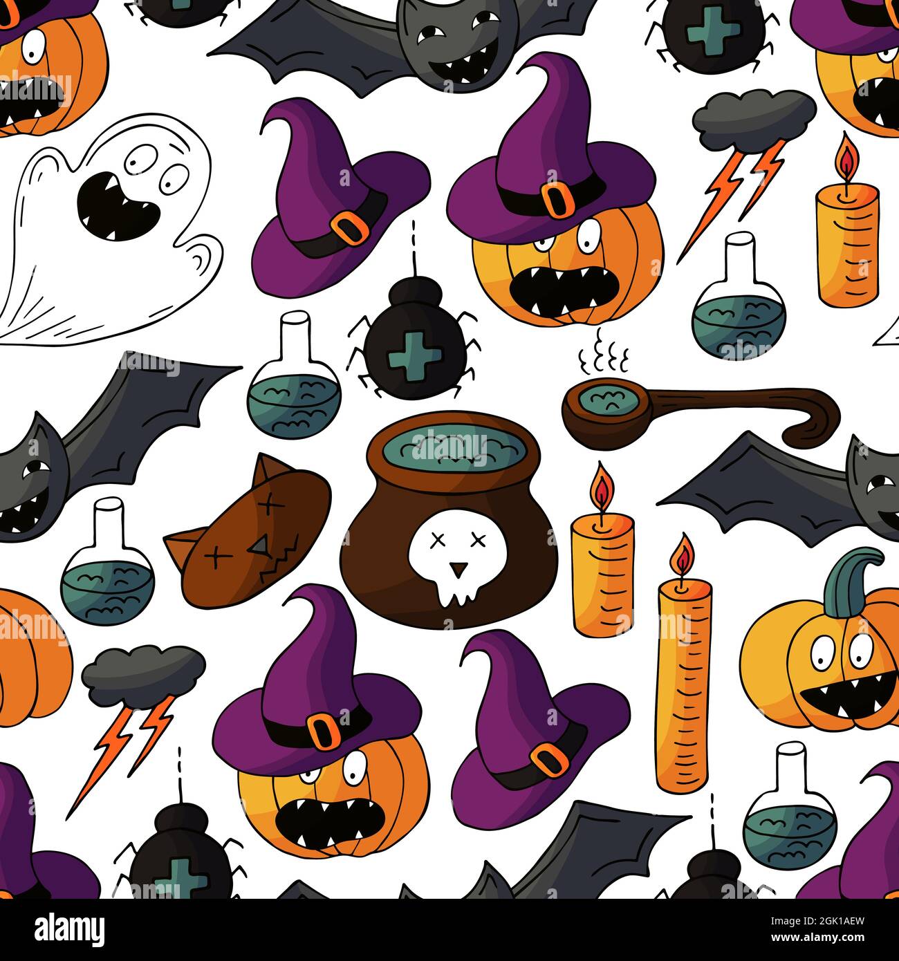 Nahtloses Muster für Halloween-Design. Vektorgrafik im Handzeichnen-Stil. Dekorativer Druck mit niedlichen Kürbissen in Hexenhüten und Hexenzubehör Stock Vektor