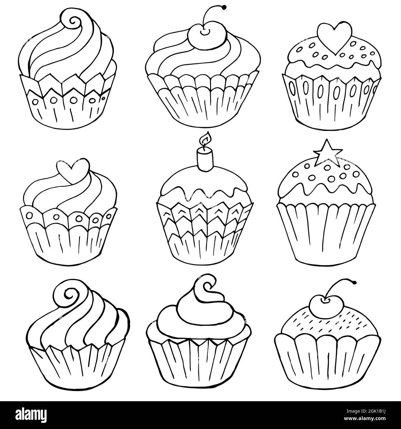 Set von Symbolen von Cupcakes, Muffins in Hand zeichnen Stil. Sammlung