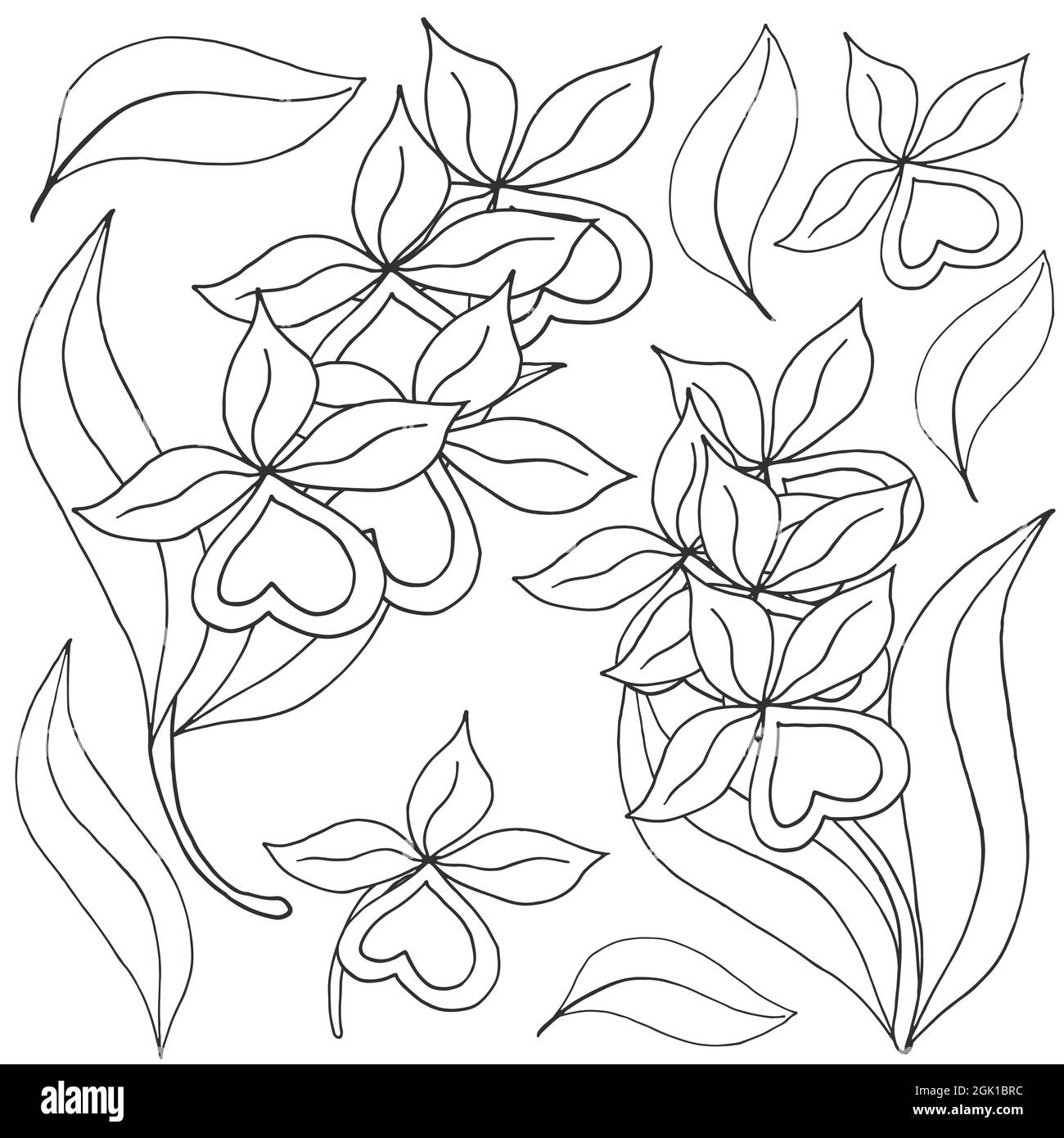 Orchideen. Set von Orchideenblüten. Monochrome Blumen, Elemente. Niedliche Blumen im Handzeichnen-Stil Stock Vektor