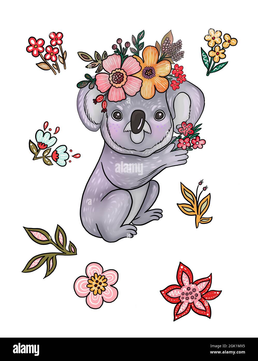 Illustration eines niedlichen lila Koala mit einem festlichen Blumenkranz auf dem Kopf und verschiedenen Blumensträußen auf weißem, isoliertem Hintergrund. Stockfoto