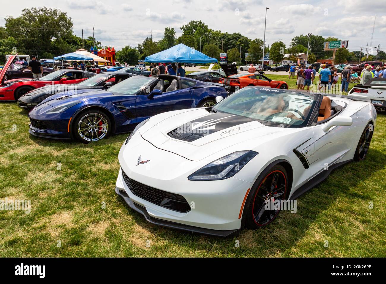 Mehrere Chevrolet Corvette Stingray Sportwagen auf einer Automobilausstellung in Fort Wayne, Indiana, USA. Stockfoto