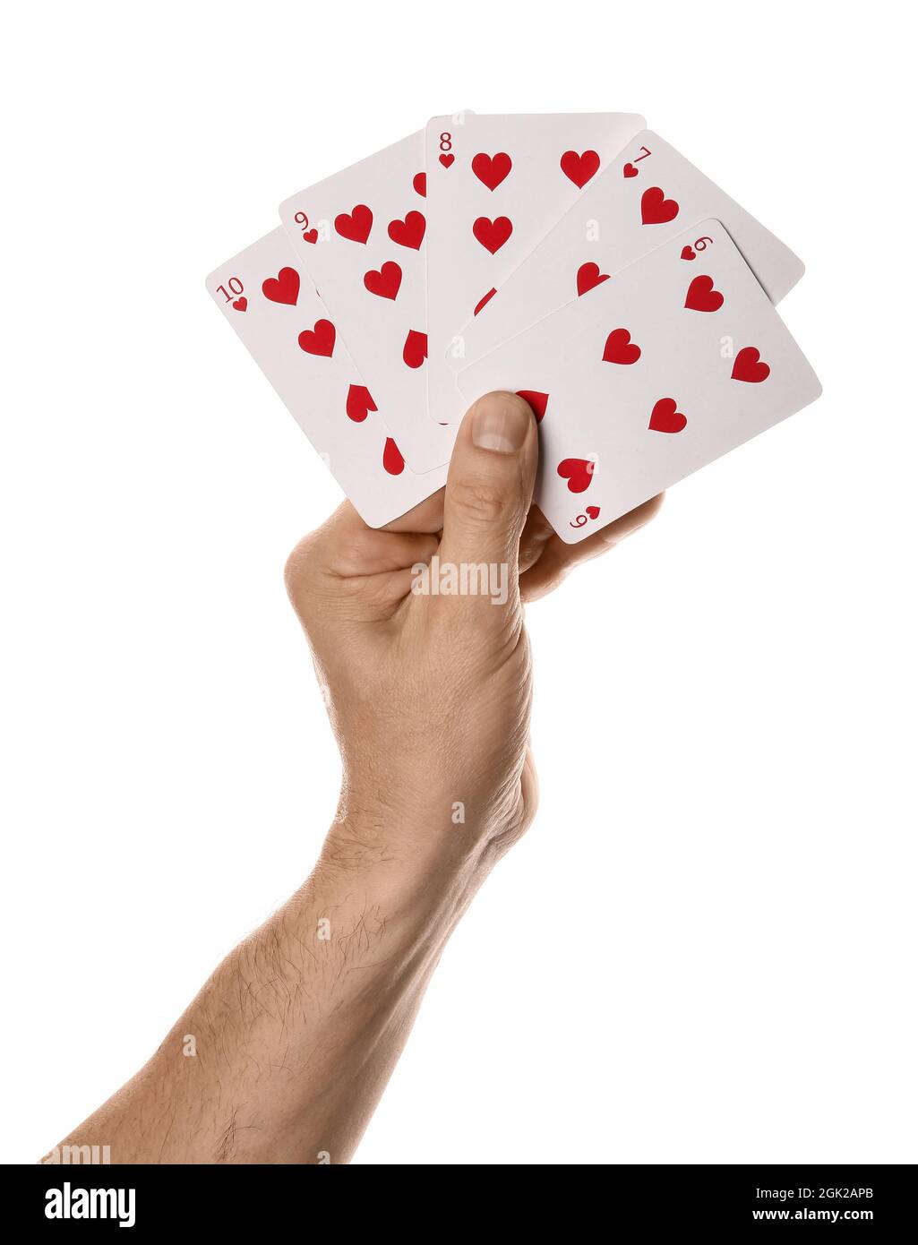Männliche Hand mit Spielkarten für Poker auf weißem Hintergrund Stockfoto