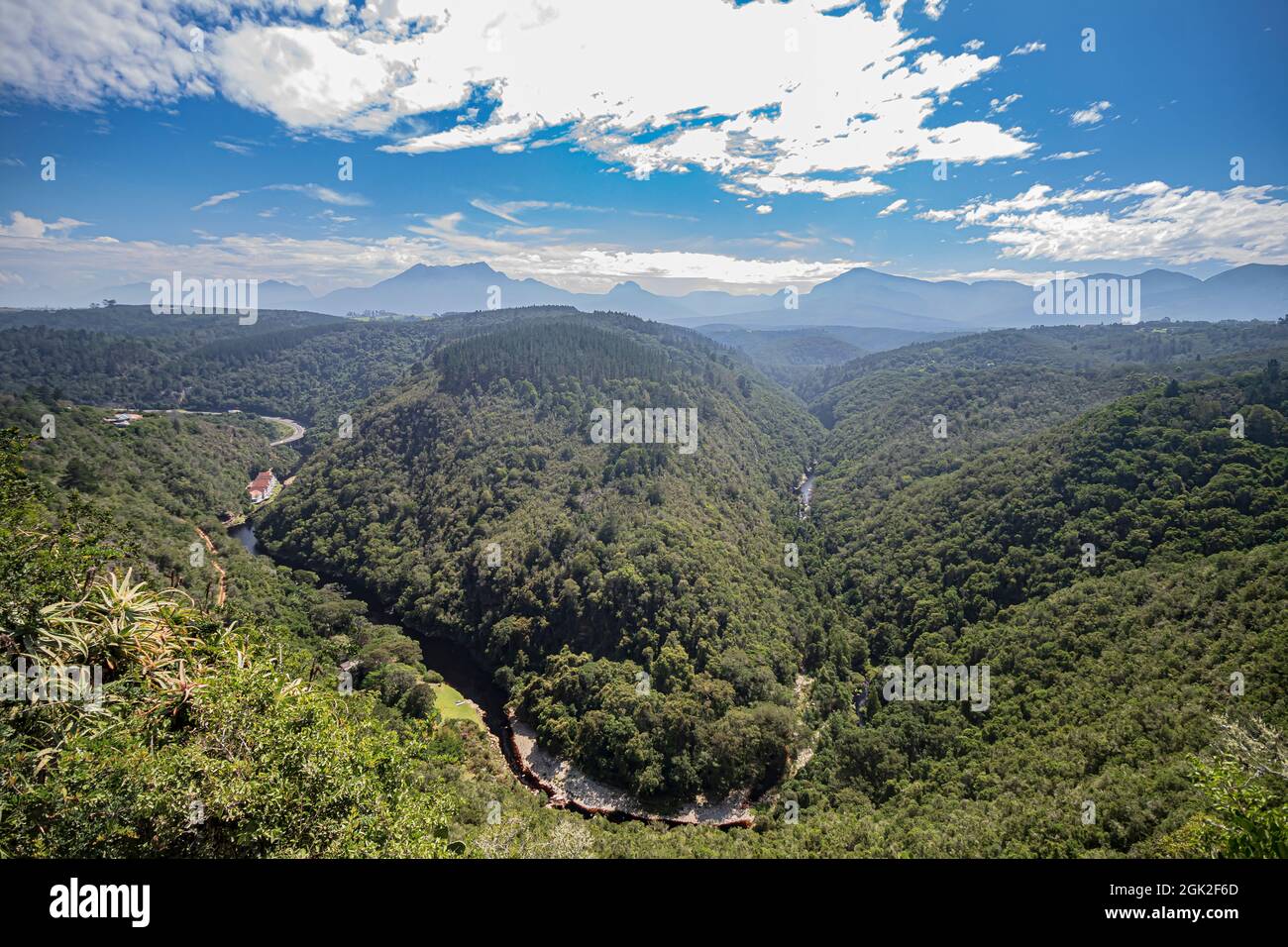 Die Ansicht der bewaldeten Landformation namens Map of Africa von Wilderness Height in Wilderness auf der Garden Route in Western Cape, Südafrika. Stockfoto