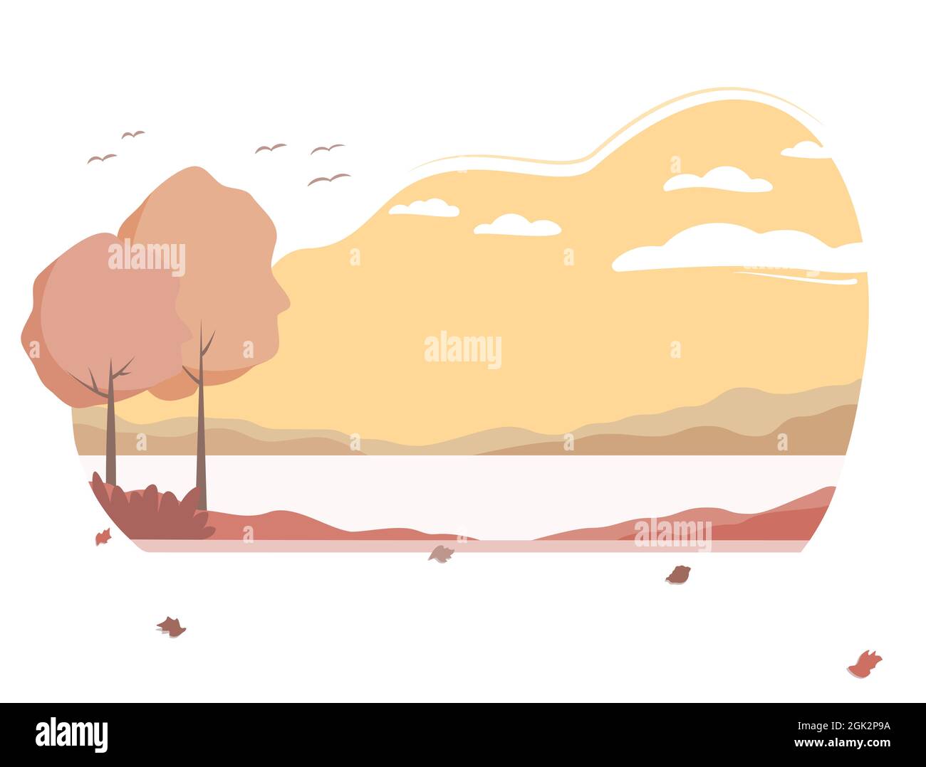 Herbstlandschaft mit Bäumen, See und Bergen. Hintergrund in orangefarbenen Farben. Park und Natur Stock Vektor