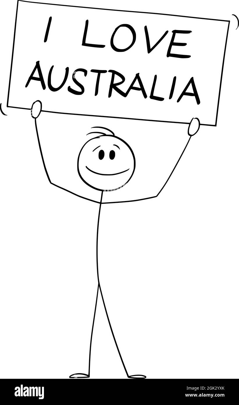 Person hält Ich liebe Australien Zeichen, Vektor Cartoon Stick Figur Illustration Stock Vektor