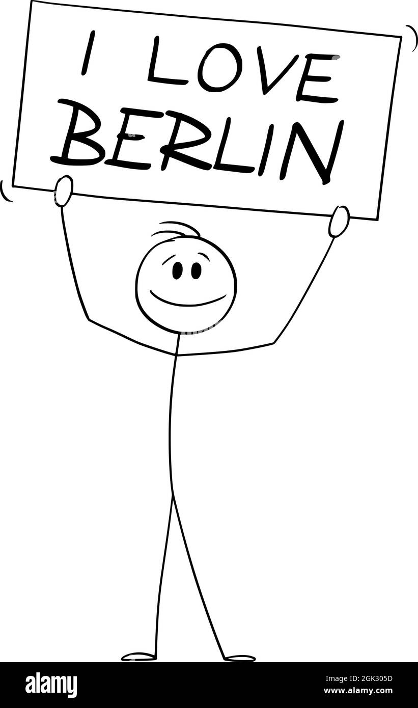 Person Holding Ich liebe Berlin, Deutschland Zeichen, Vektor Cartoon Stick Figur Illustration Stock Vektor