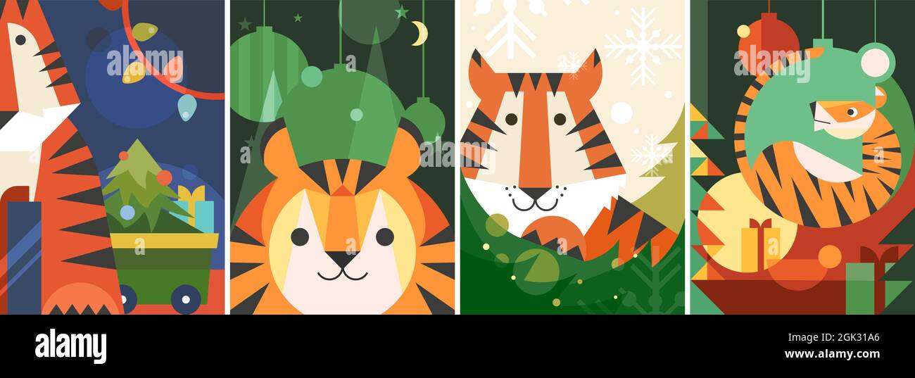 Verschiedene Plakate zum Jahr des Tigers. Postkarten-Designs im flachen Stil. Stock Vektor