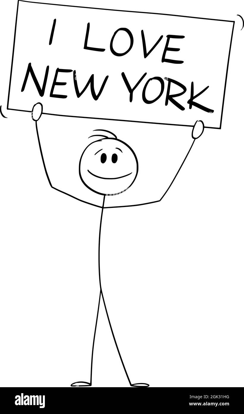 Person hält Ich liebe New York Zeichen, Vektor Cartoon Stick Figur Illustration Stock Vektor