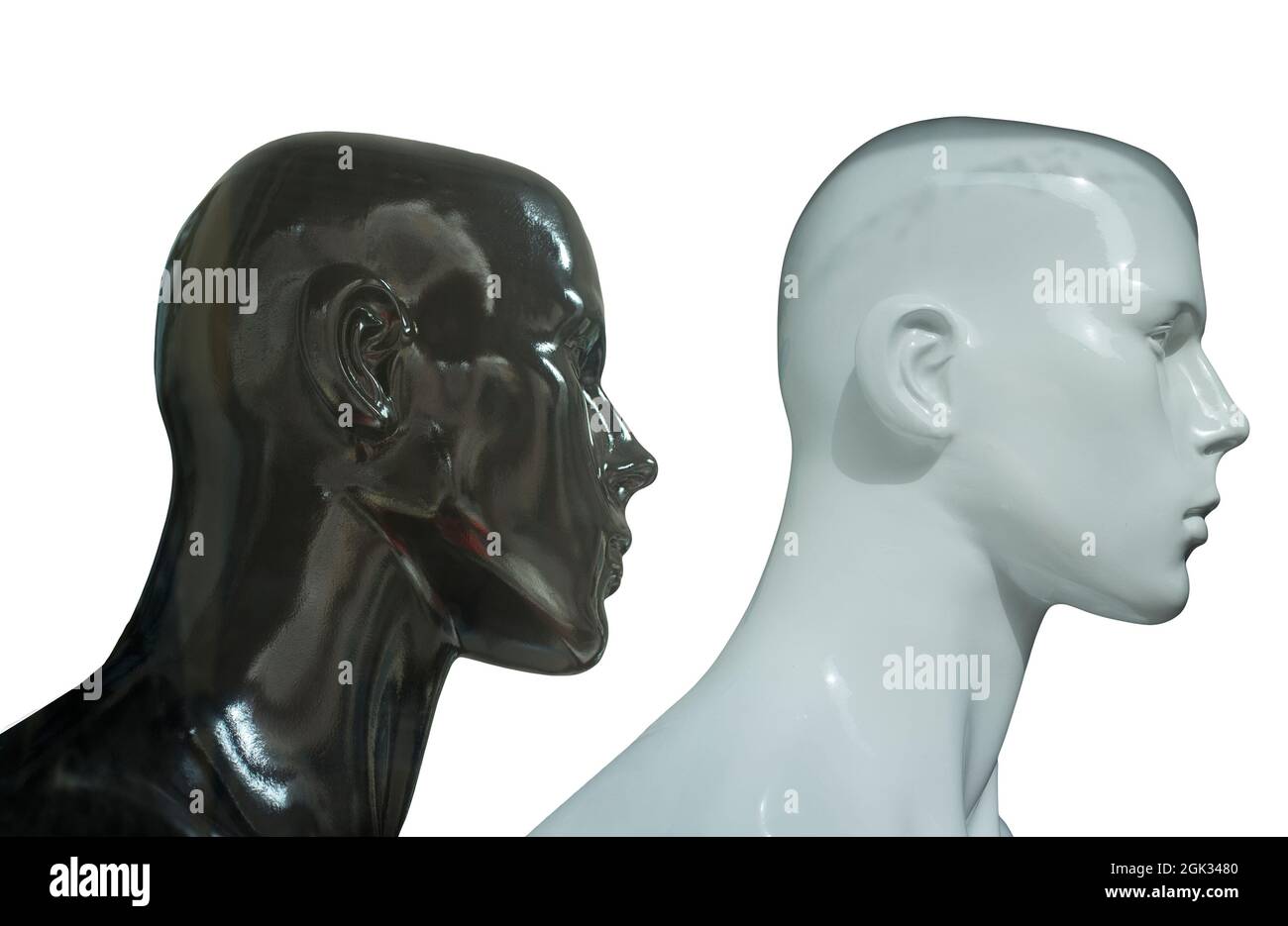 Schwarz-weiße Schaufensterpuppen Büstenprofil. Isoliert auf weißem Hintergrund Stockfoto