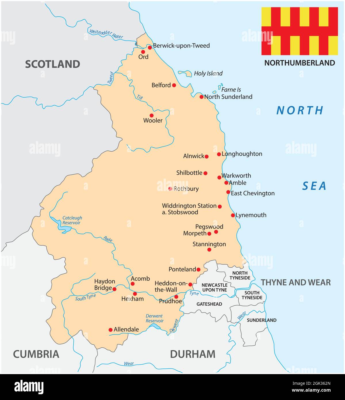 vektorkarte der Grafschaft norhhumberland mit Flagge, england Stock Vektor