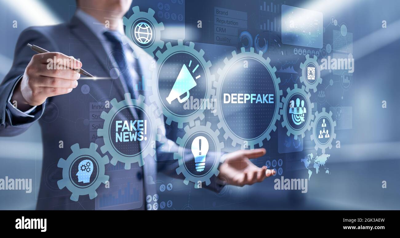 Deep Fake News Künstliche Intelligenz in Medientechnik Konzept auf virtuellem Bildschirm. Stockfoto