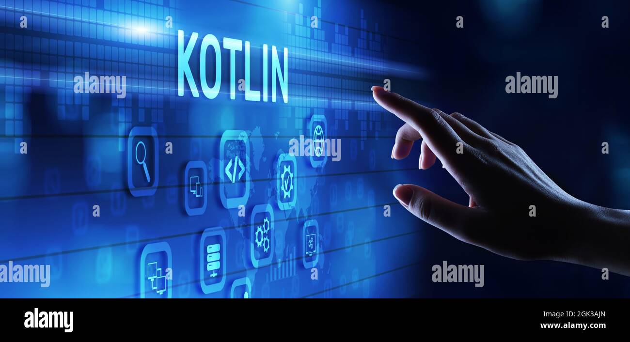 Kotlin Programmiersprache mobile Anwendung Software Entwicklung Konzept auf dem Bildschirm. Stockfoto