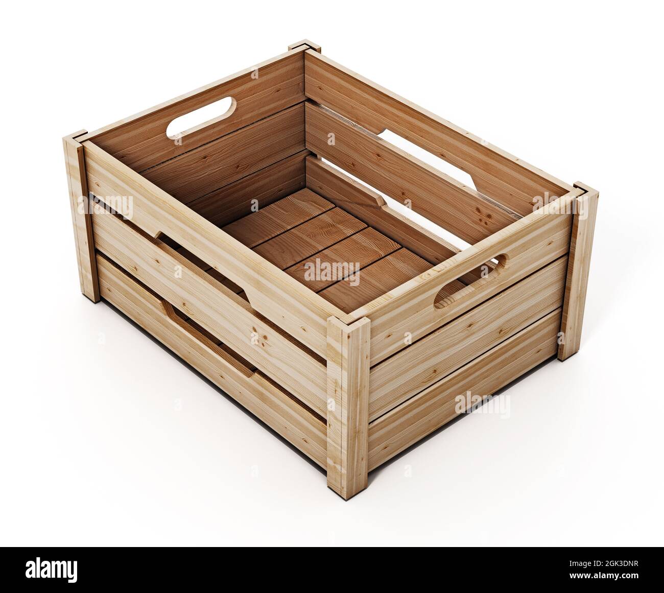 Holzkiste isoliert auf weißem Hintergrund. 3D-Illustration. Stockfoto