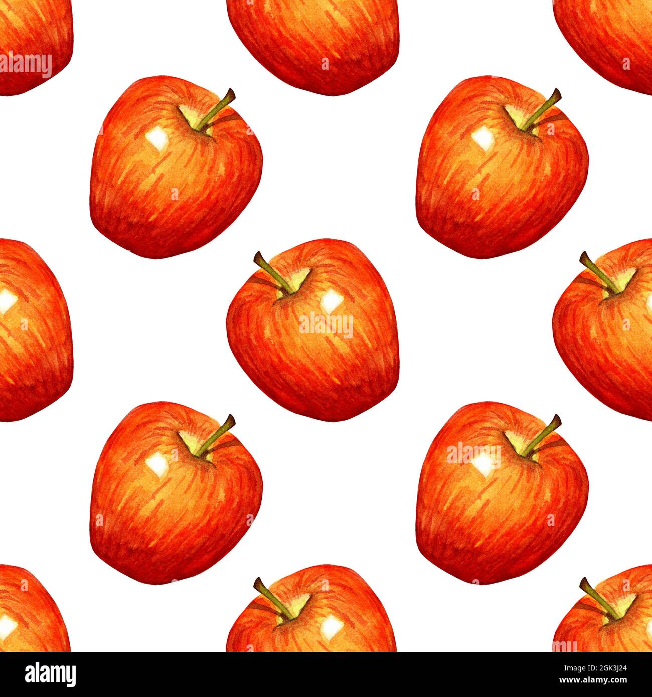 Aquarell Illustration Muster roter Apfel. Nahtloser, sich wiederholender Fruchtdruck. Bio-Früchte gesunde Ernährung. Landwirtschaftliche Produkte. Isoliert auf weißem Hintergrund. Stockfoto