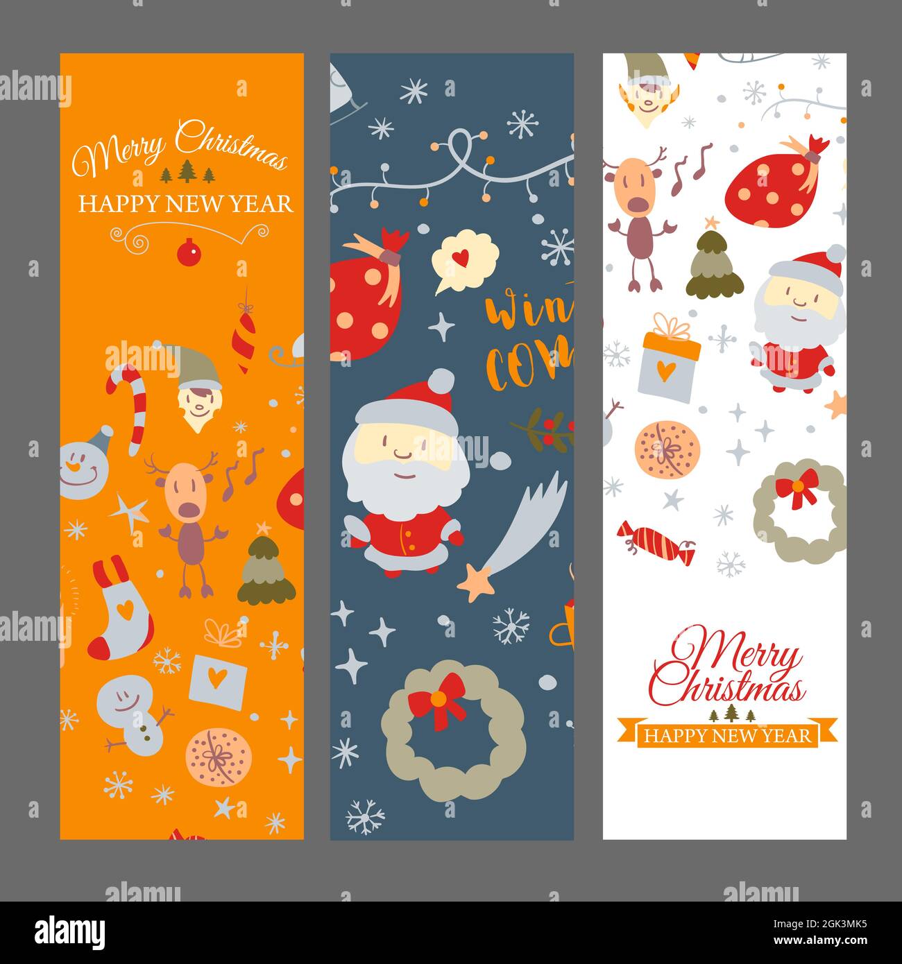 Set von Webbannern mit weihnachtlichen Designelementen im Doodle-Stil. Weihnachtskarten. Vektor Stock Vektor