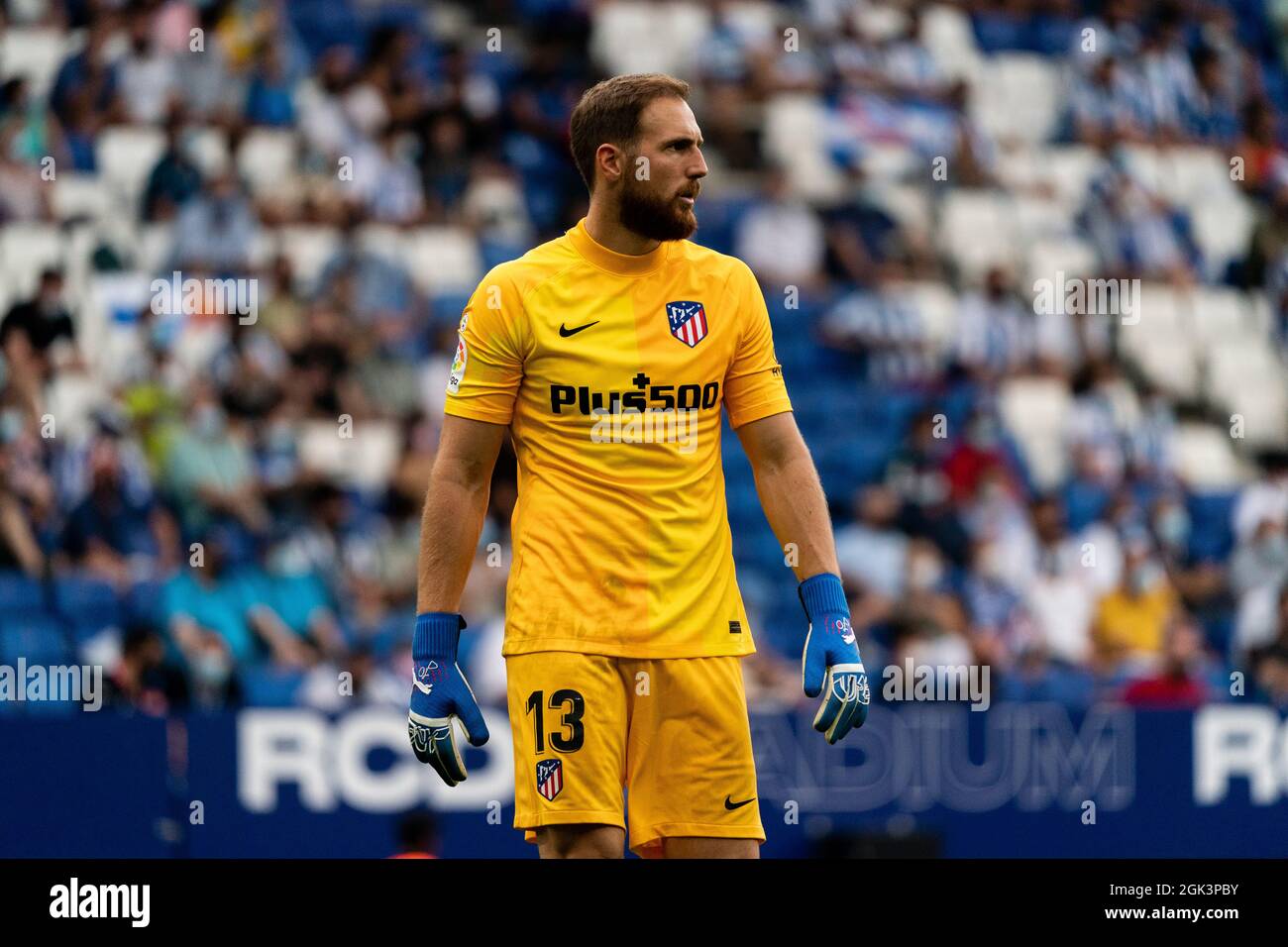 SPANIEN, FUSSBALL, LA LIGA SANTANDER, RCDE VS ATLÉTICO DE MADRID. Atlético de Madrid Oblak (13) während des La Liga Santander-Spiels zwischen RCD Espanyol und Atlético de Madrid am 12. September 2021 im Stadion RCDE, Cornellà, Spanien. © Joan Gosa 2021 Stockfoto