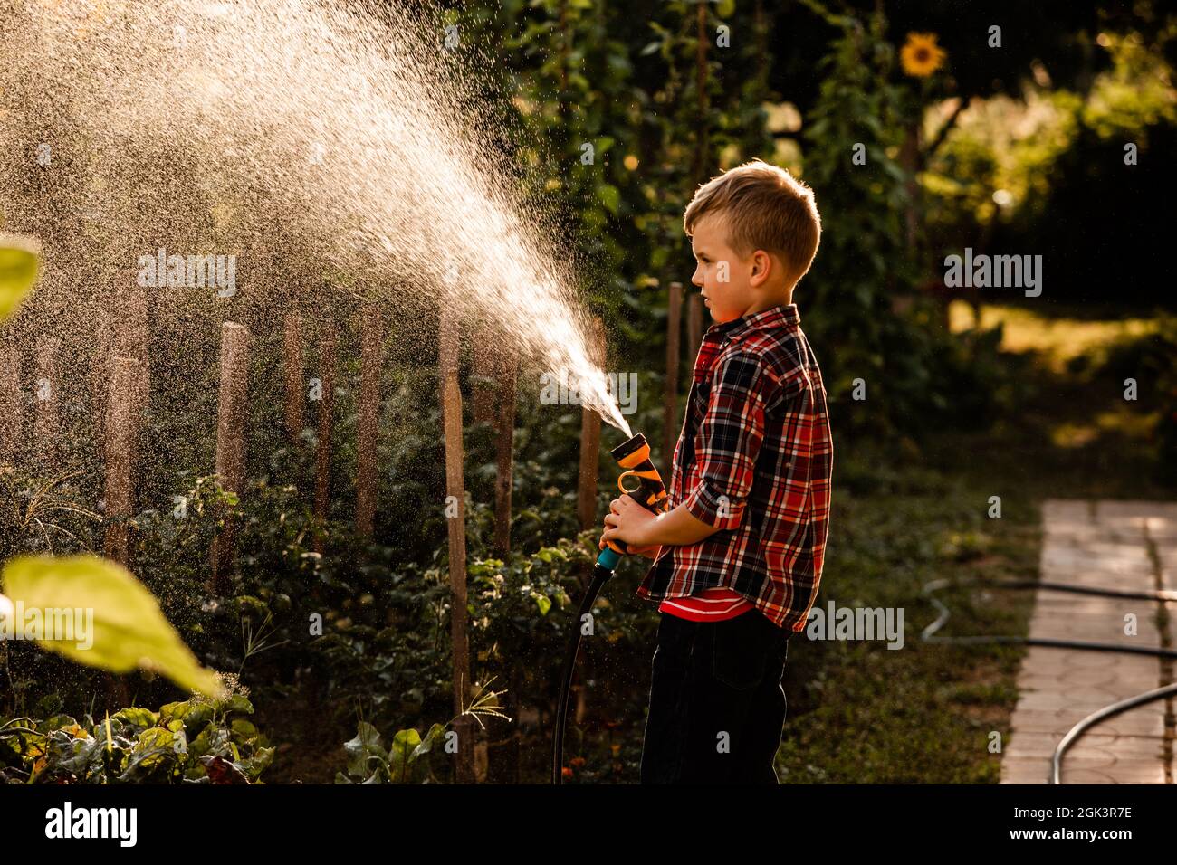 Der Junge bewässert das Gartenbett mit einem Schlauch Stockfoto
