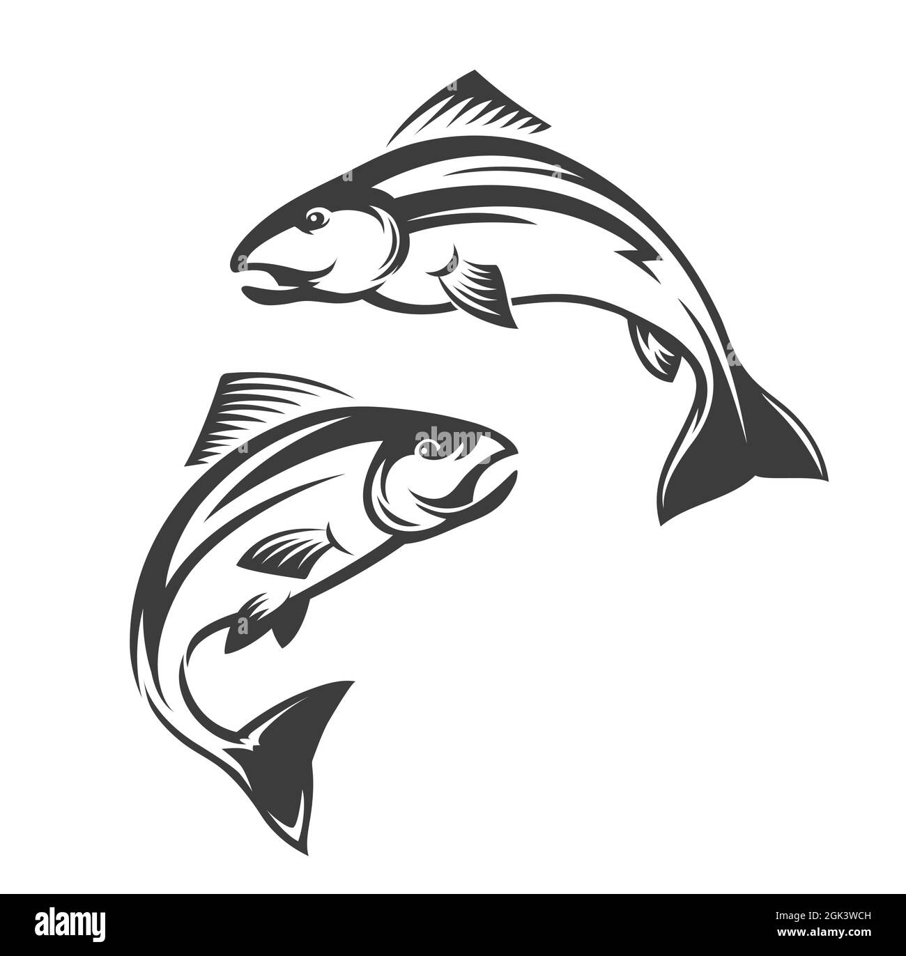 Lachs Fisch Vektor-Ikone der springenden Coho, chinook, Atlantik und rosa Lachs. Isolierte Meer und Meer Meeresfrüchte Tiere monochrome Symbol der Meeresfrüchte Restau Stock Vektor