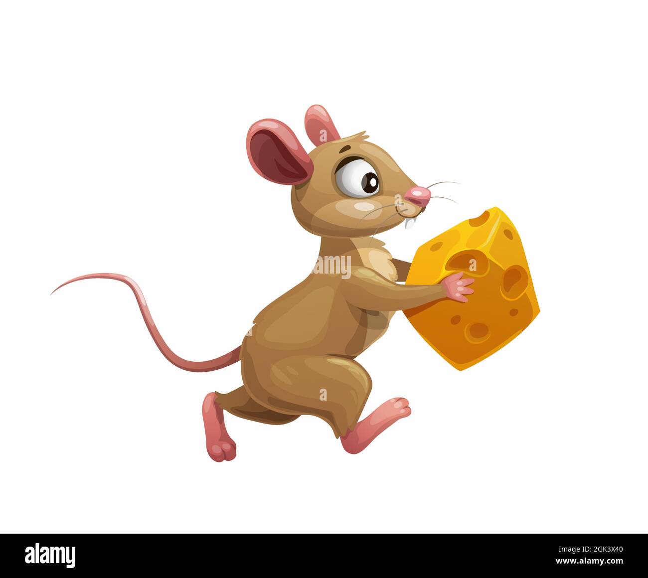 Lustige Cartoon Maus mit Käse Vektor niedlichen kleinen Nagetier Tier Charakter. Braune Ratte oder Maus, die mit einem Stück gelbem schweizer Käse läuft, hungrige Ratten Stock Vektor