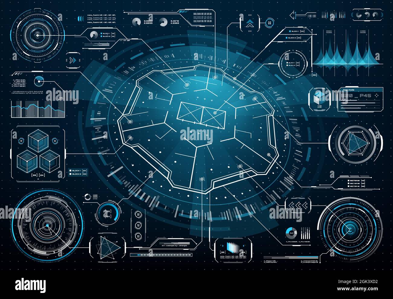 Futuristische HUD-Benutzeroberfläche, Infografik zur Unternehmenstechnologie, digitales Dashboard, Datendiagramm. Vektor-Hologramm-Elemente, Informationsanzeigen, Info bo Stock Vektor