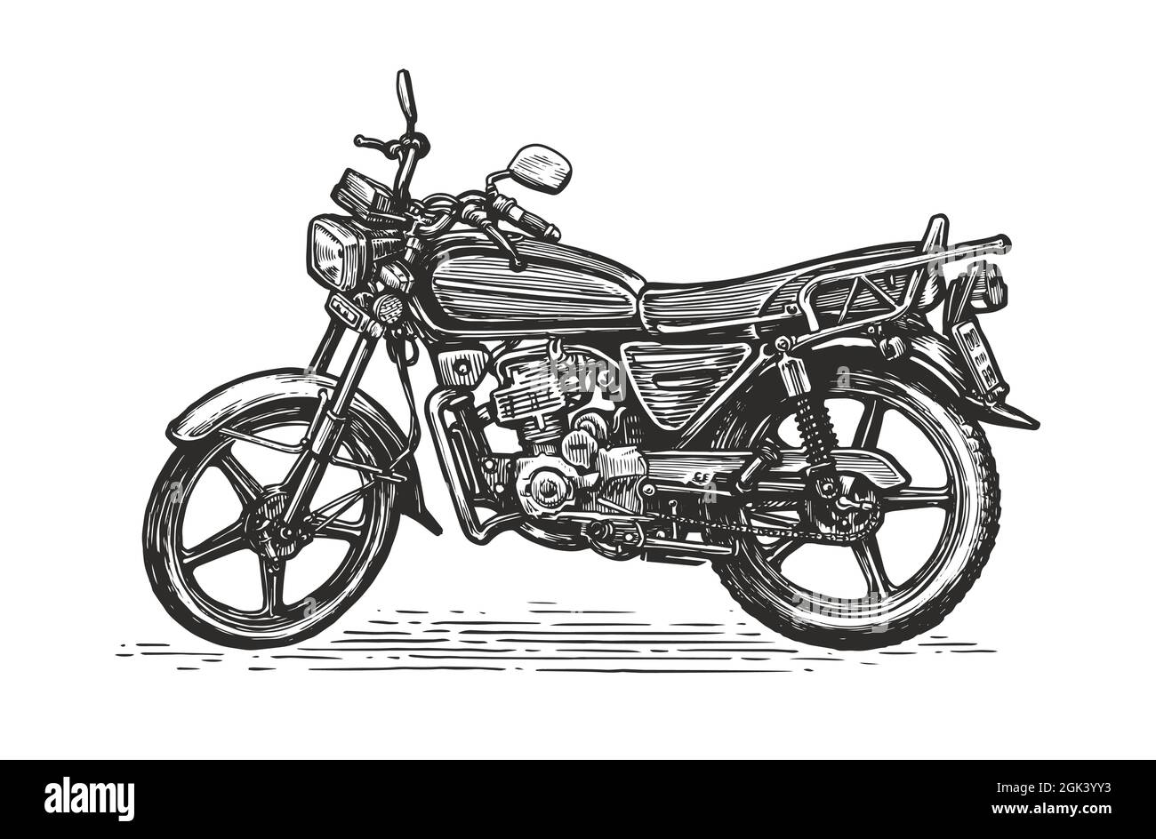 Motorrad isoliert auf weißem Hintergrund. Handgezeichnete Skizze eines Motorrads. Vektorgrafik Stock Vektor