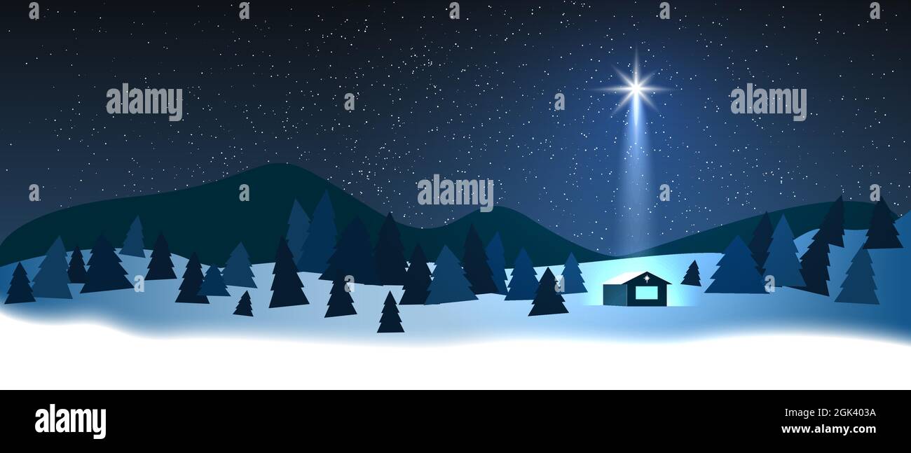 Weihnachtskonzept für die Geburt. Die Geburt Jesu Christi. Stern zeigt das weihnachten von Jesus Christus an. Winterwald und Sternenhimmel. Weihnachtsstern Stock Vektor
