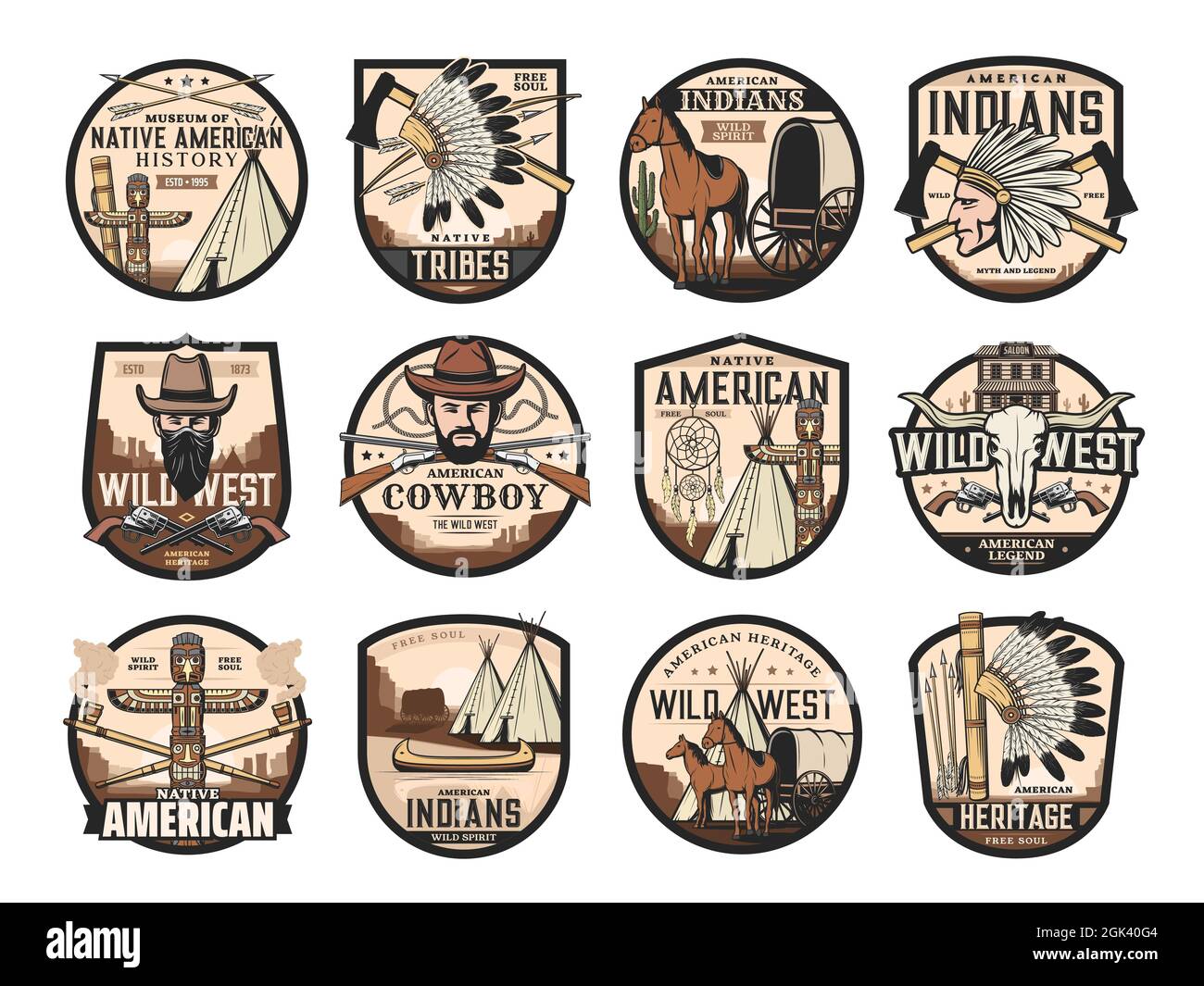 Wild West, amerikanisch-westliche Ikonen von Saloon, Cowboy und Longhorn-Bullenschädel, Vektor. Indianische Symbole von Totem und indischem Häuptling Tomahawk, Kanu Stock Vektor