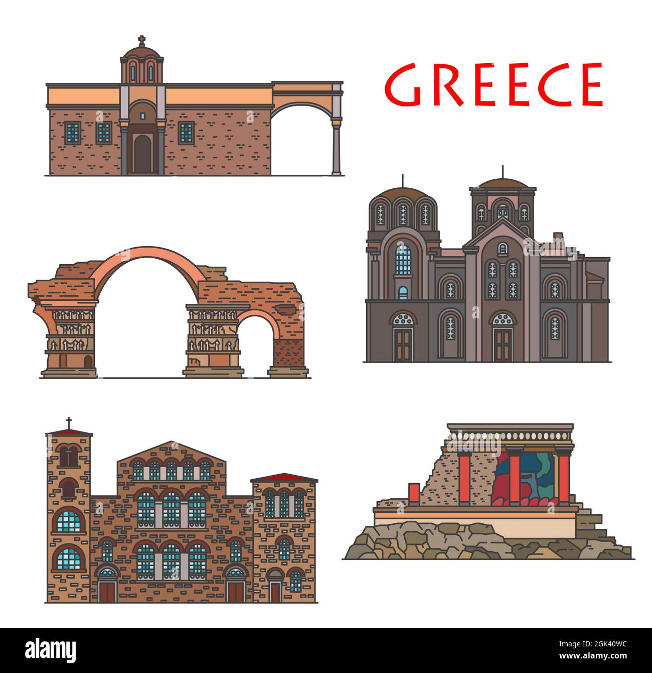 Griechische Architektur, antike griechische Gebäude von Thessaloniki und Kreta, Vektor-Wahrzeichen. Kirche von Hagios Demetrios und Panagia Chalkeon, Kaiser Galleri Stock Vektor