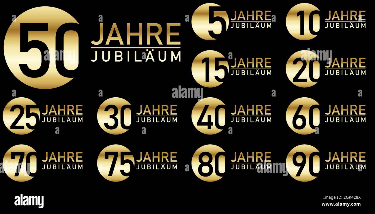 eps-Vektordatei mit goldenem Jubiläumssiegel auf schwarzem Hintergrund für Erfolg oder Firmenjubiläum mit Text 5 bis 90 Jahre Stock Vektor