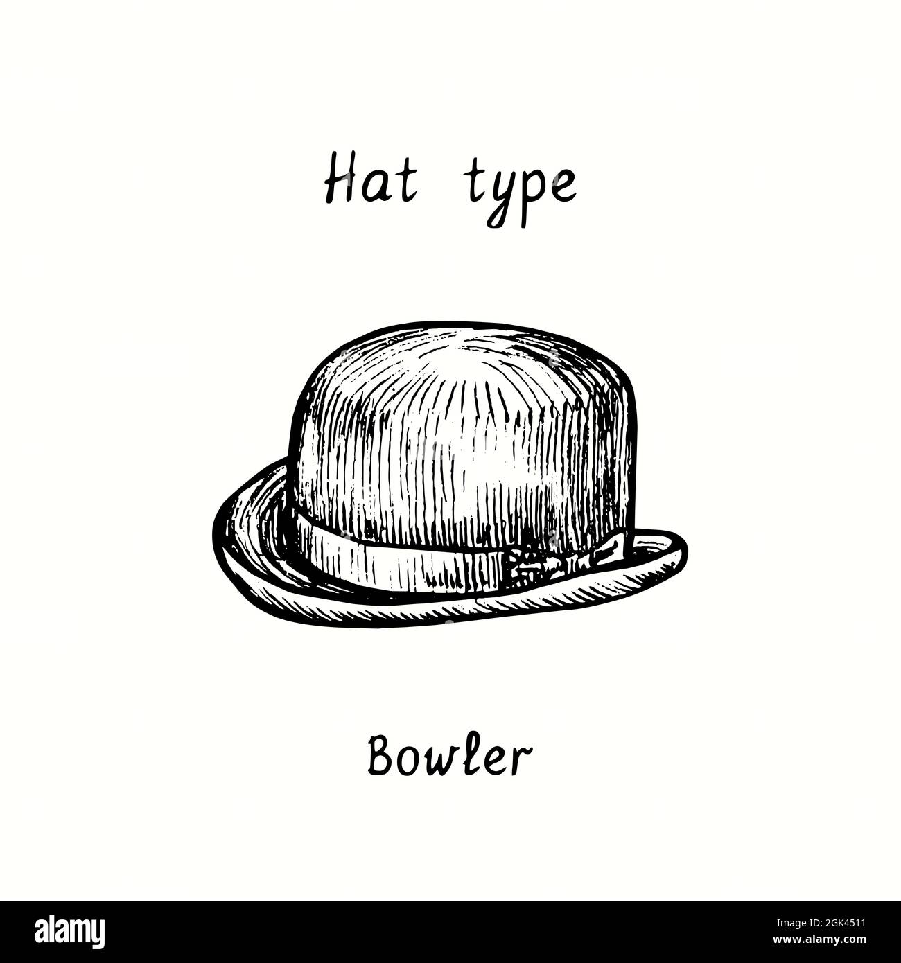 Huttyp, Bowler. Tusche schwarz-weiß Zeichnung Umriss Illustration Stockfoto