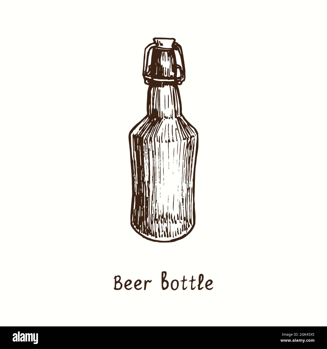 Bierflasche mit Deckel auf Draht. Tusche schwarz-weiße Doodle Zeichnung im Holzschnitt-Stil. Stockfoto