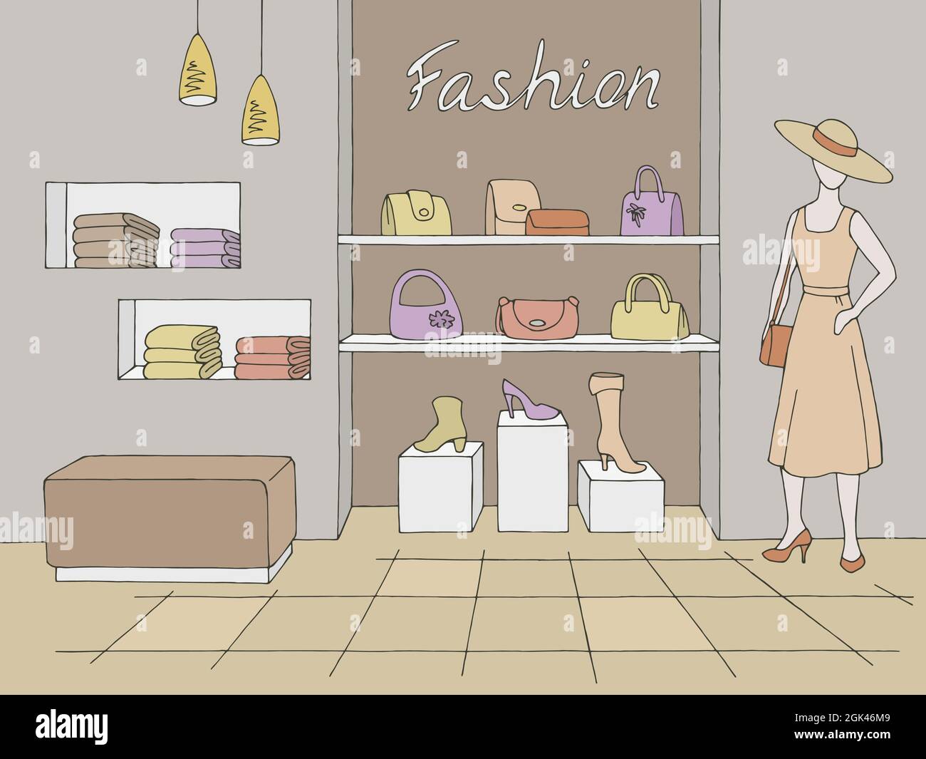Shop interior Mode Store Grafik Farbe Skizze Illustration Vektor Stock Vektor