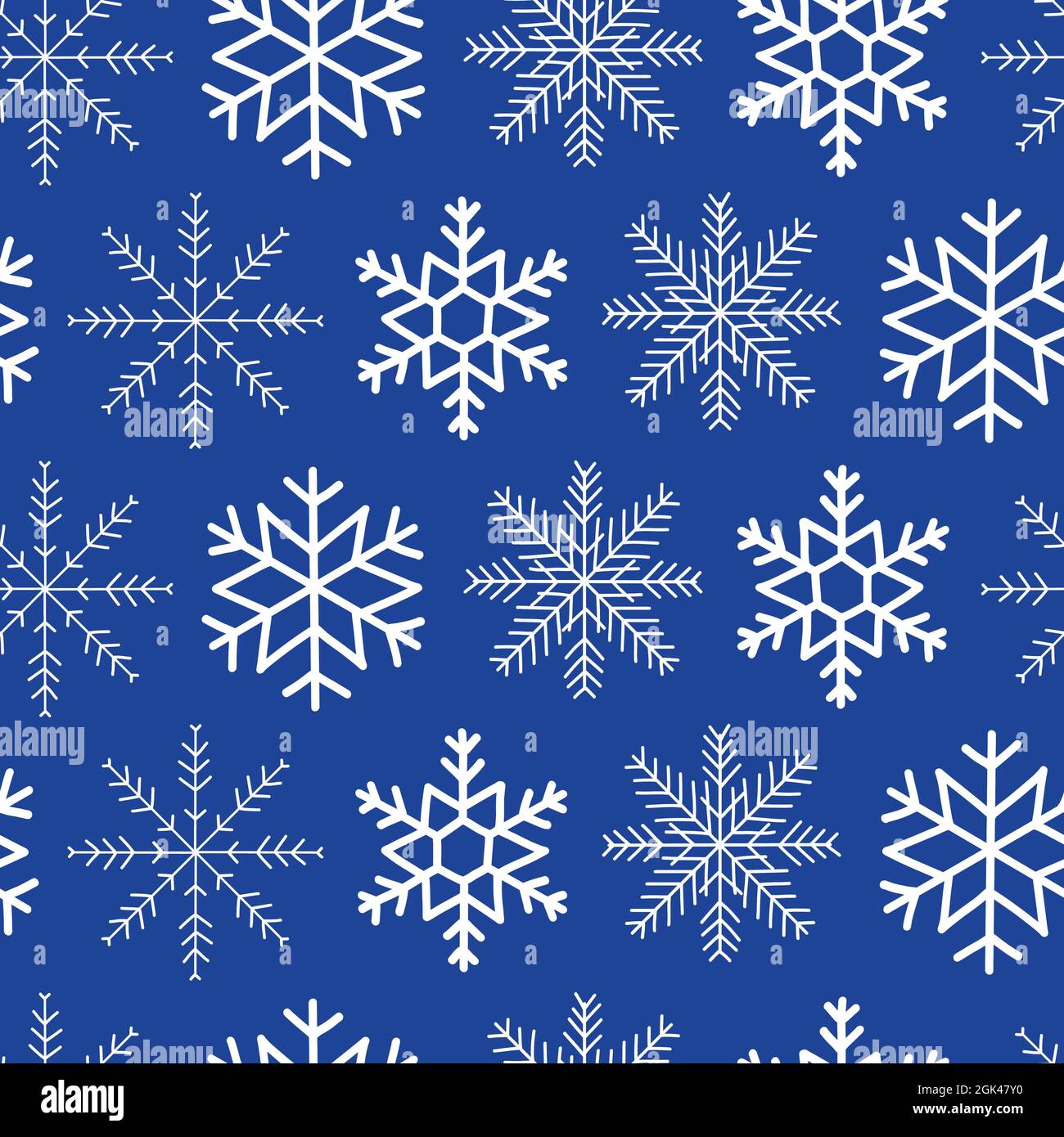 Nahtlose Vektor-Muster weißen Schneeflocken auf blauem Hintergrund. Wiederholen Weihnachten Winter Chanukka Dekoration. Abbildung Symbol für Winterelemente Stock Vektor