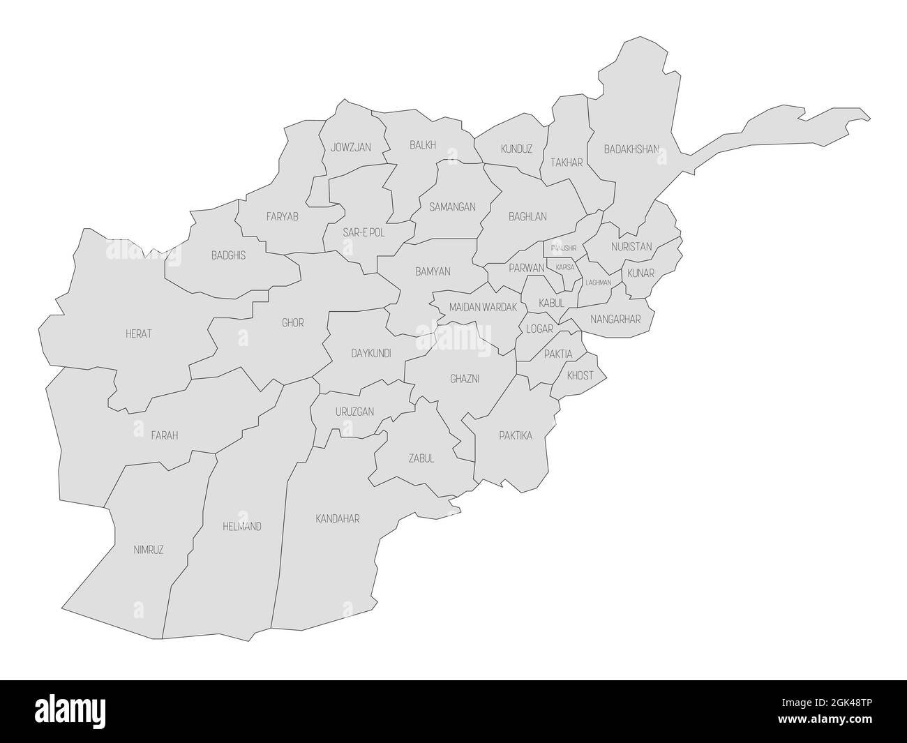 Solide graue politische Landkarte von Afghanistan. Verwaltungsabteilungen - Provinzen. Einfache flache Vektorkarte mit Beschriftungen. Stock Vektor