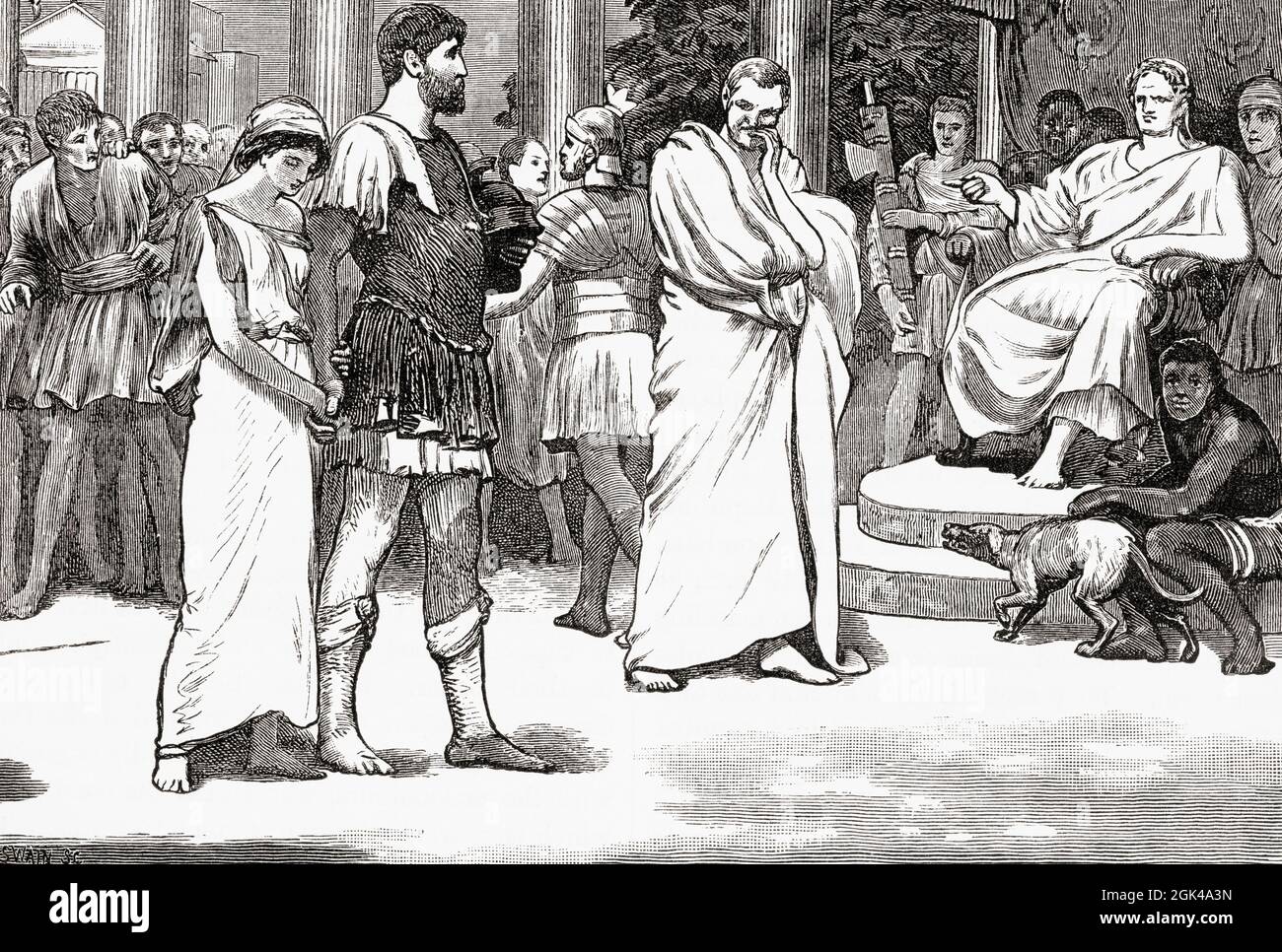 Verginia oder Virginia, 465 v. Chr.–449 v. Chr., Tochter von Lucius Verginius, einem Zenturio im Forum. Im Jahr 451 v. Chr. begann Appius Claudius, einer der Decemvirs, nach Verginia zu begehren, als sie ihn ablehnte, schickte er seinen Diener Marcus Claudius, um sie zu entführen, indem er vorgab, Appius Sklave zu sein. Anstatt seine Tochter vom Decemvir entehrt zu haben, nahm ihr Vater ein Messer von einem Metzger auf dem Markt und stach Verginia zu Tode. Aus Cassells Illustrated Universal History, veröffentlicht 1883. Stockfoto