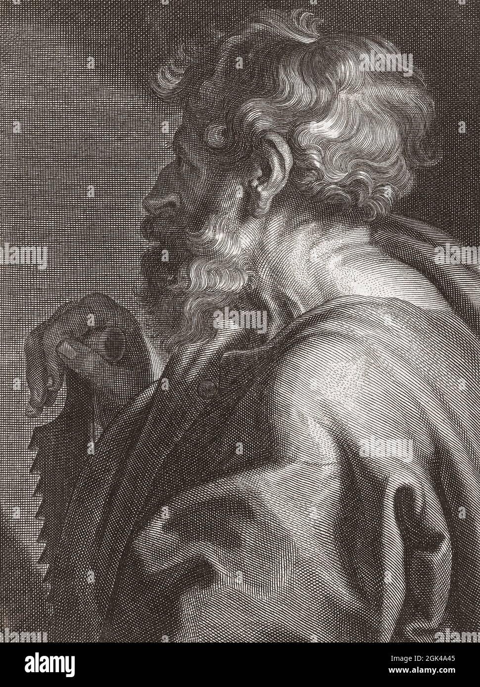 Der Apostel Simon der Zelot alias Simon der Kanaaniter oder Simon der Kanaanäer. Geboren und gestorben im 1. Jahrhundert n. Chr. Sein identifizierendes Attribut, wie in diesem Bild, ist eine Säge, die eine von mehreren Geschichten über seinen Tod unterstützt - dass er halbiert wurde. Nach einer Arbeit von Cornelis van Caukercken nach einem Gemälde von Anthony van Dyck. Stockfoto