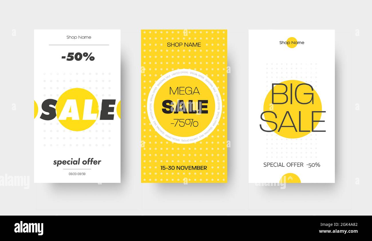 Set von Vektorbannern für Geschichten in sozialen Medien für große Verkäufe. Gelbe und weiße Vorlage mit runden Designelementen zur Veröffentlichung. Stock Vektor