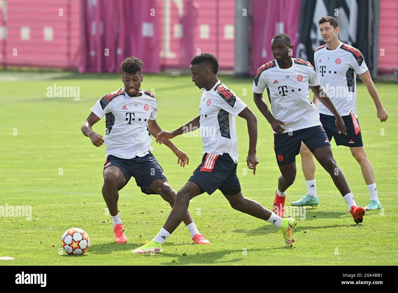 Von links: Kingsley COMAN (FC Bayern München), Bouna Sarr (FC Bayern München), Tanguy Nianzou Kouassi (FC Bayern München), Robert LEWANDOWSKI (FC Bayern München), Action. Abschlusstraining vor dem CL-Spiel - FC Barcelona - FC Bayern München am 13.09.2021 Soccer Champions League. DIE DFL-VORSCHRIFTEN VERBIETEN DIE VERWENDUNG VON FOTOS ALS BILDSEQUENZEN UND/ODER QUASI-VIDEO. Foto: Marco Donato/FC Bayern München via SVEN SIMON Fotoagentur GmbH & Co. Pressefoto KG # Prinzessin-Luise-Str. 41 # 45479 M uelheim/R uhr # Tel 0208/9413250 # Fax. 0208/9413260 # GLS Bank # BLZ 430 609 67 # Konto 4030 025 100 # IB Stockfoto