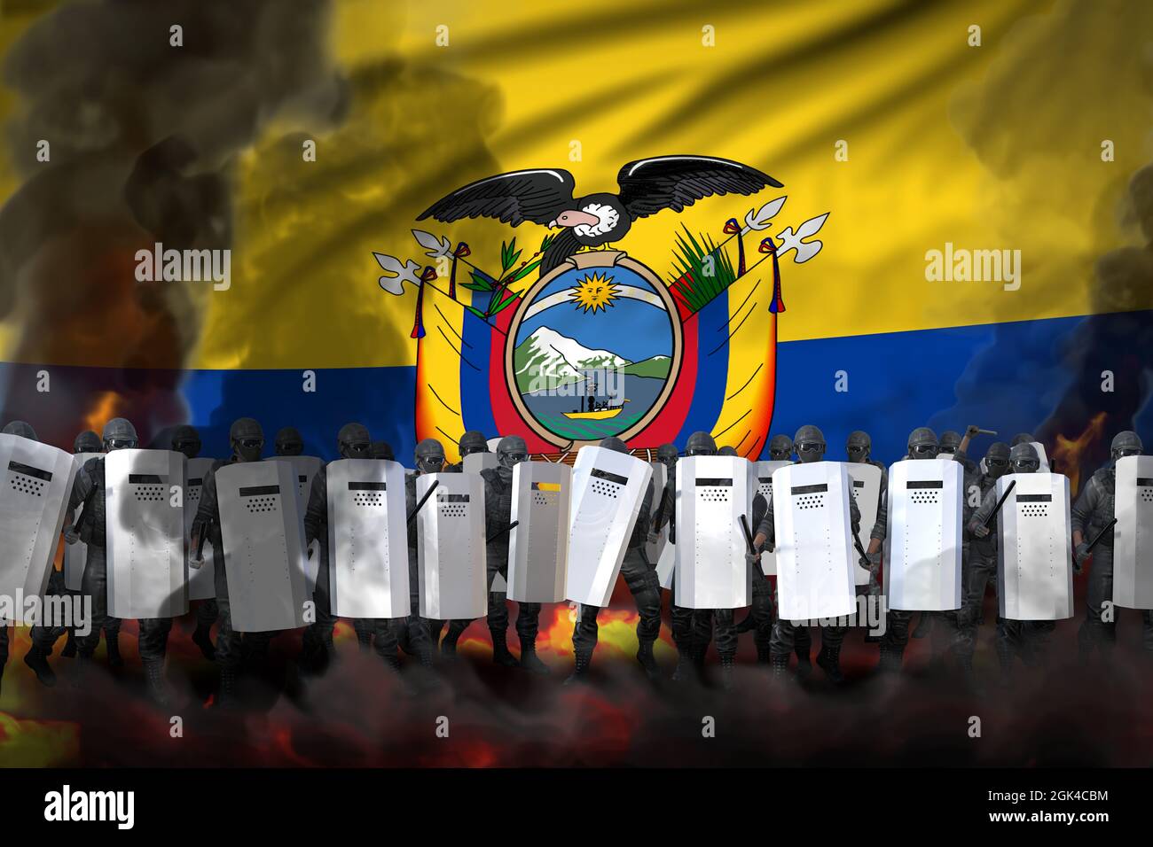 Ecuador Proteststopp-Konzept, Polizei Spezialeinheiten in starkem Rauch und Feuer Schutz Land gegen Meuterei - Militär 3D Illustration auf Flagge b Stockfoto