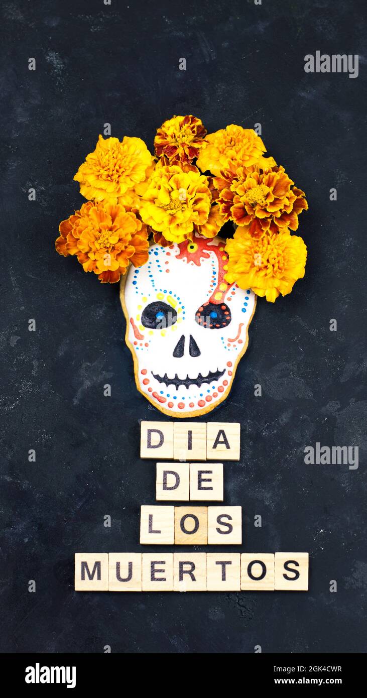 Dia De Los Muertos ist ein mexikanisches Fest. Dunkler Hintergrund mit Sugar Cookie Schädel. Vertikales Format für Textabschnitte Stockfoto