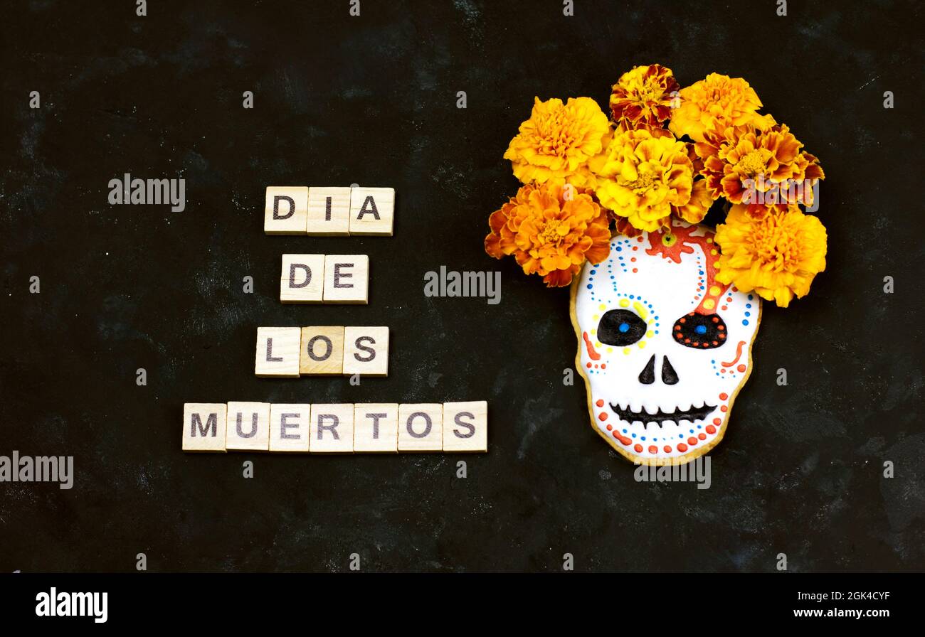 Dia De Los Muertos ist ein mexikanisches Fest. Dunkler Hintergrund mit Sugar Cookie Schädel. Selektiver Fokus-Kopierbereich Stockfoto