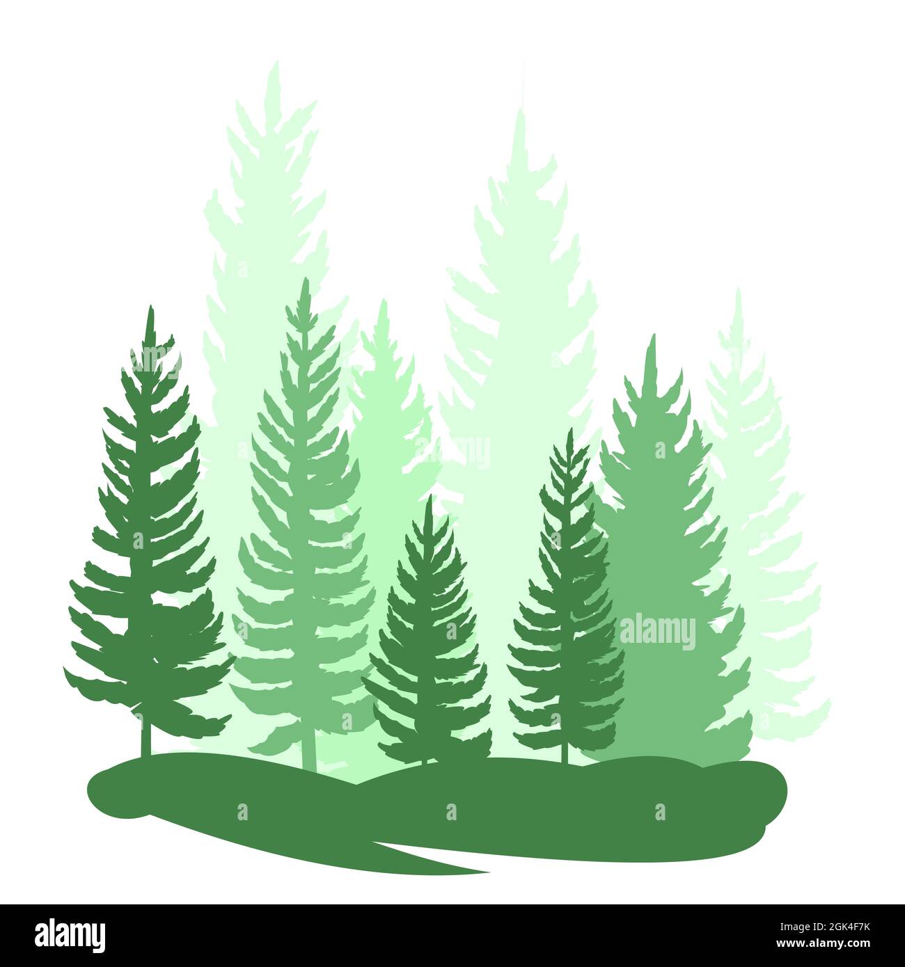 Wald Silhouette Szene. Landschaft mit Nadelbäumen. Wunderschöne grüne Aussicht. Kiefern- und Fichtenbäume. Sommer Natur. Isolierter Illustrationsvektor. Stock Vektor