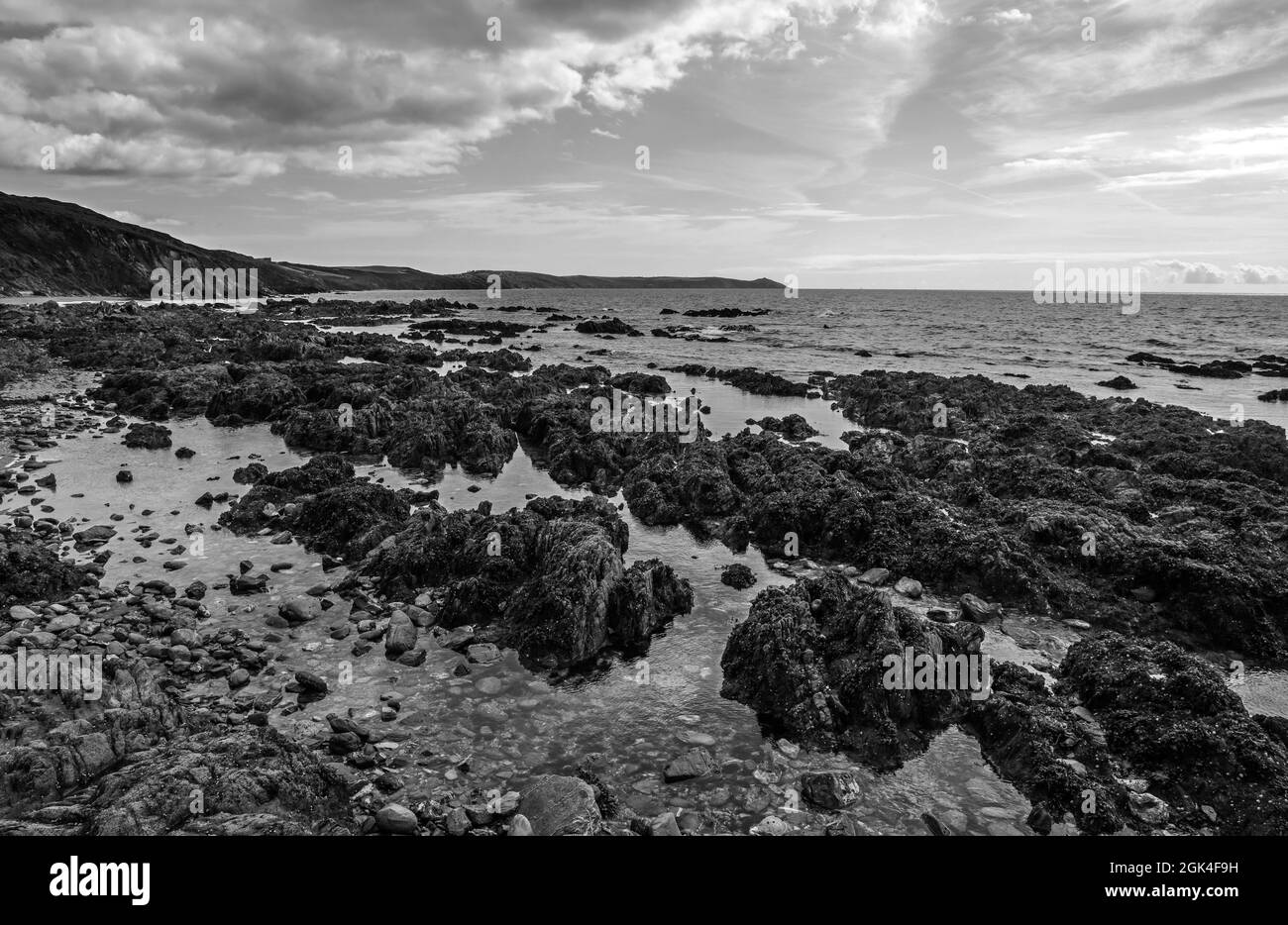 Monochrome Aufnahme der zerklüfteten Küste von Portwrinkle auf der Rame-Halbinsel in Cornwall. Blick von der alten Hafenmauer in Richtung Rame Head/ Stockfoto