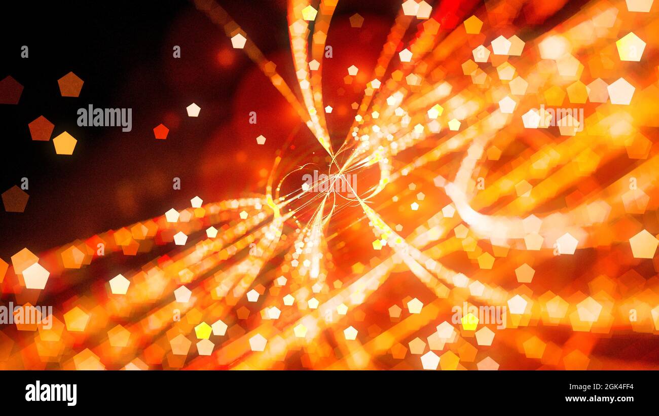 Feurig leuchtende Flugbahnen mit Partikeln, computergenerierter abstrakter Hintergrund, 3D-Rendering Stockfoto