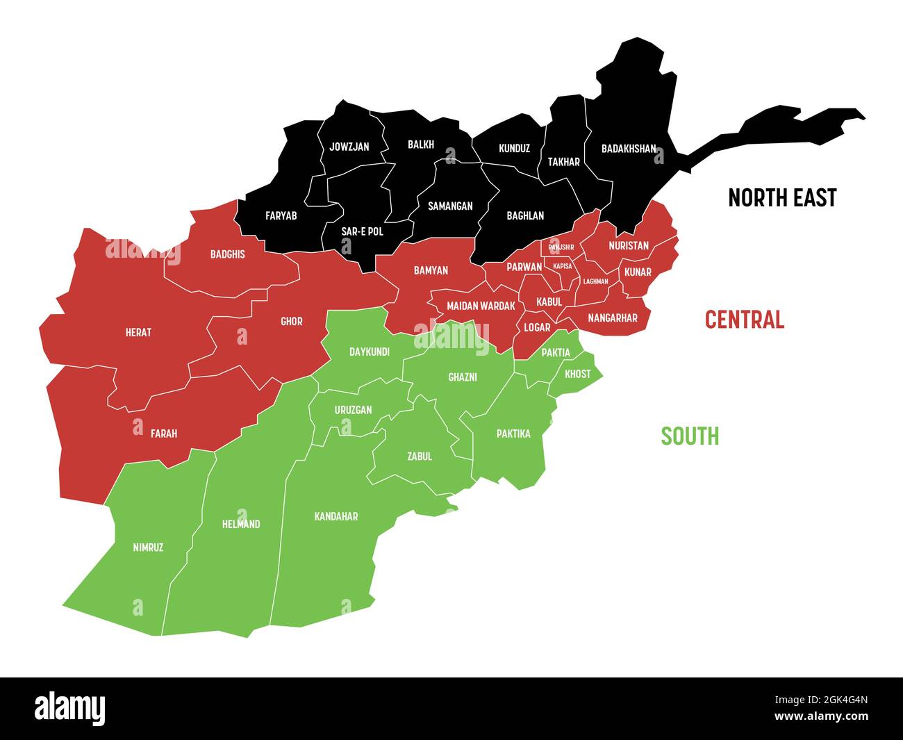 Politische Landkarte Afghanistans in Nationalflaggenfarben. Verwaltungsprovinzen in 3 Regionen unterteilt. Einfache flache Vektorkarte mit Beschriftungen. Stock Vektor