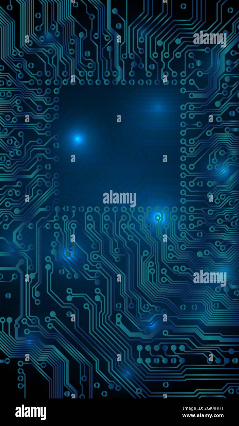Leiterplattenhintergrund. Technologisches Konzept, Licht, Hintergrund, Raum für Text, Kopierraum. Elektronische Computertechnologie, digitaler Chip Stock Vektor